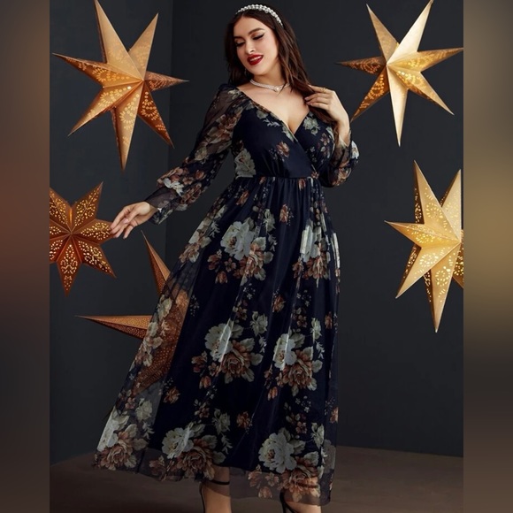 Plus Random Floral Print Overlap Collar Bishop Sleeve Belted Mesh Dress - Picture 4 of 14